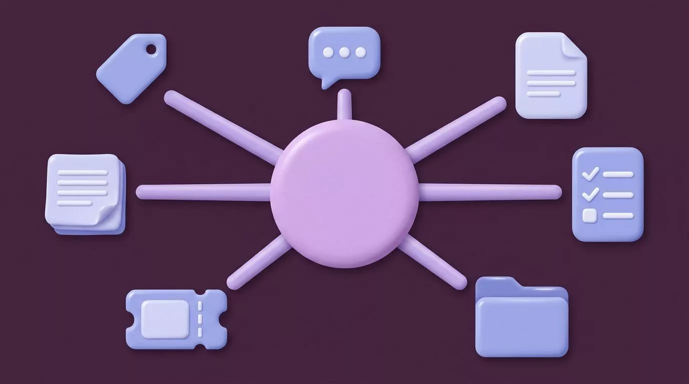Hub and spoke diagram of the prose a developer types around code: commits, reviews, tickets, docs, and notes
