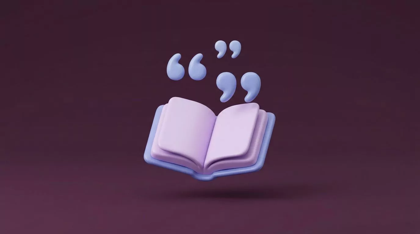 Clay style open commonplace book with soft quotation marks floating above its pages