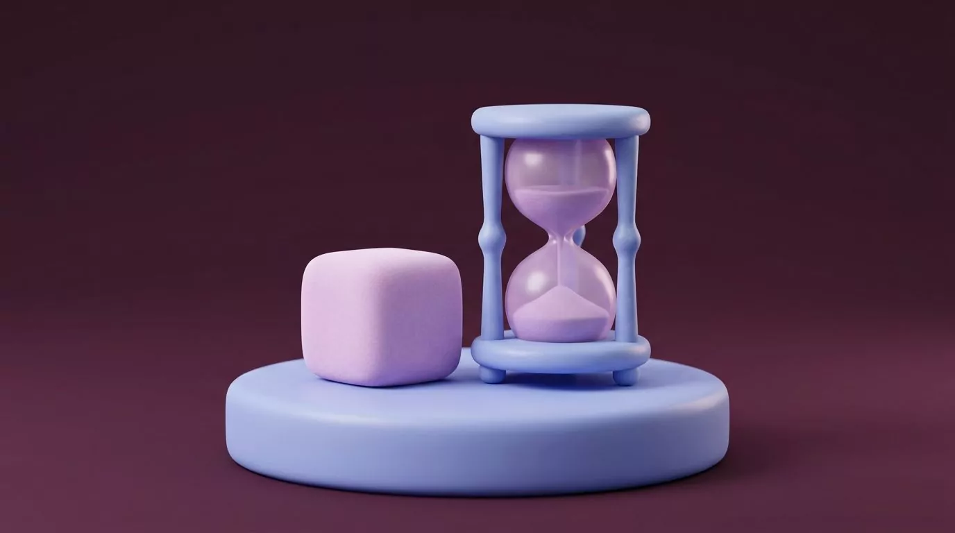 Soft 3D sugar cube and hourglass, illustrating the sugar withdrawal timeline
