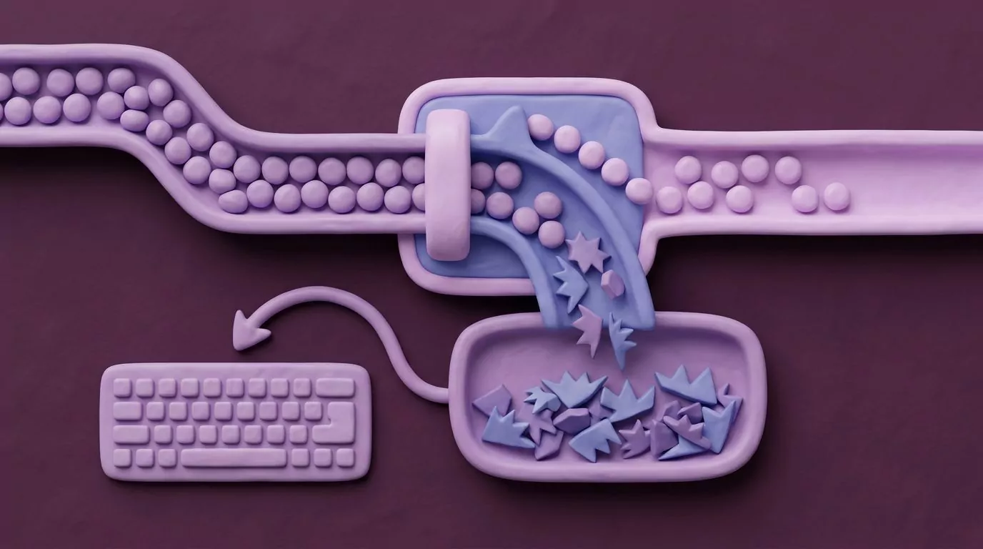 Diagram showing prose flowing through a gate while identifiers and symbols are deflected back to the keyboard