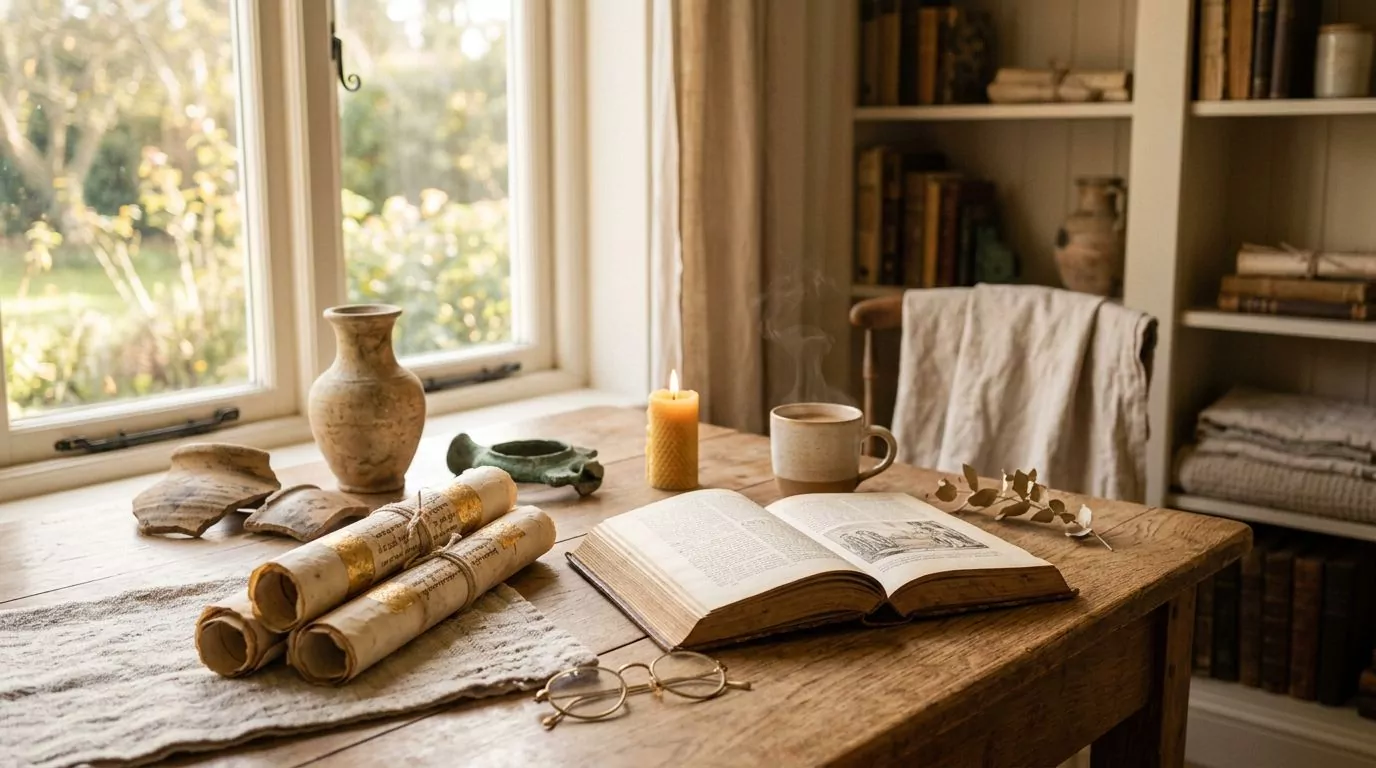 Archaeological artifacts and ancient scrolls representing historical value and cultural heritage
