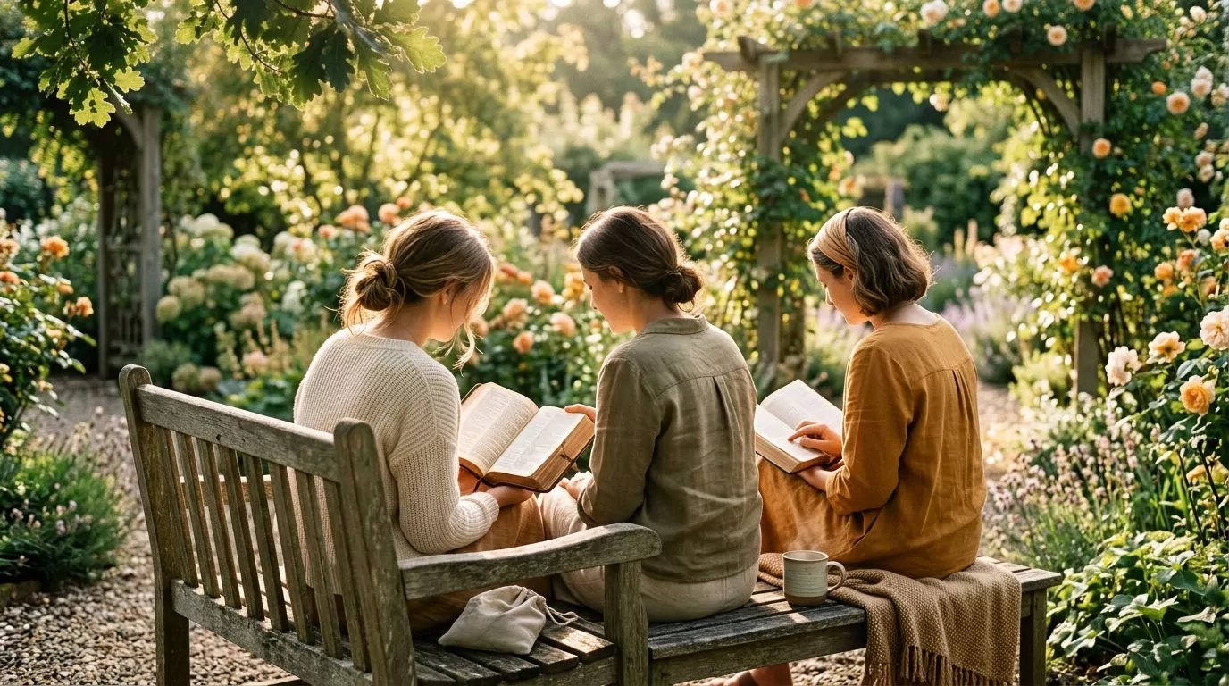 Friends sitting on a park bench reading the Bible together in a peaceful garden