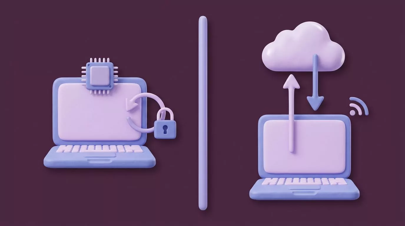 Two lanes comparing on device Mac dictation looping inside the laptop with server based dictation sent to the cloud