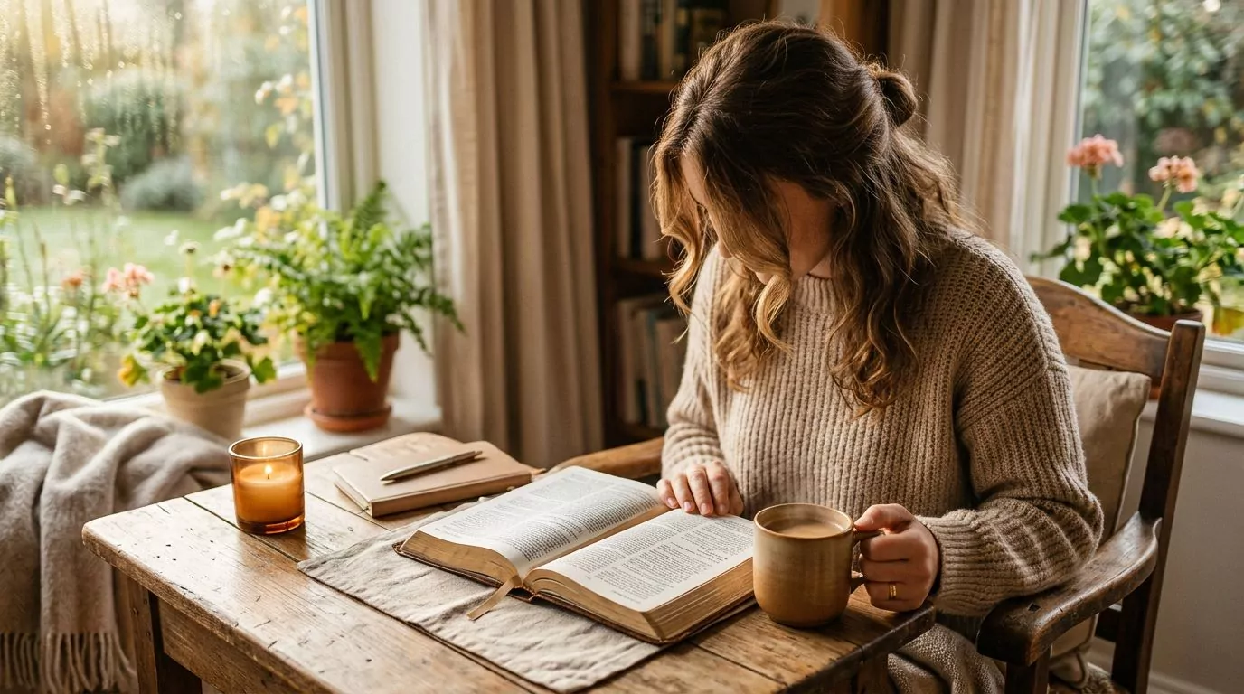 Woman reading Bible with coffee in peaceful morning light during daily devotional quiet time representing spiritual growth