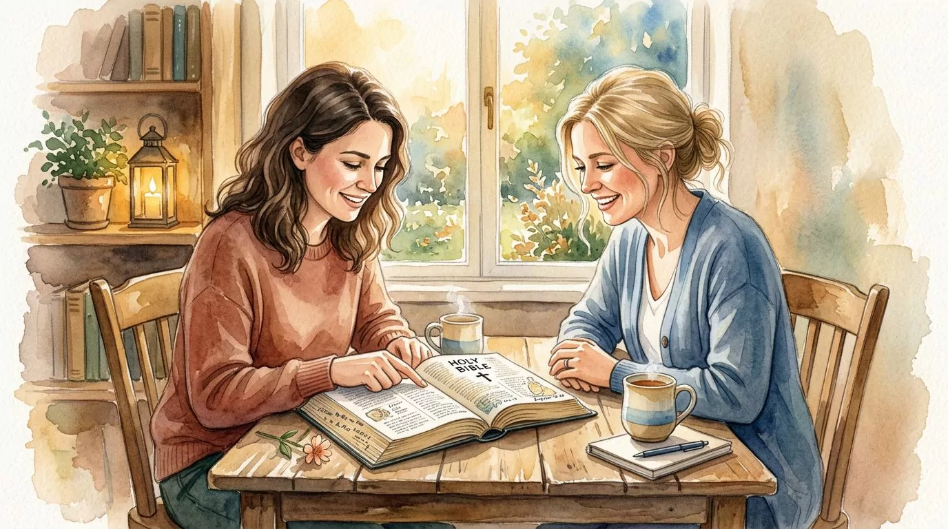 Two friends studying the Bible together in warm golden light