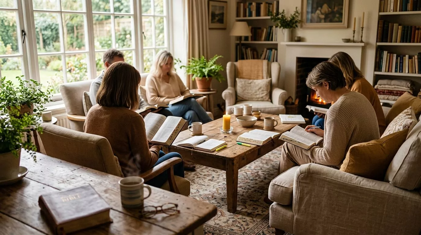 Small group Bible study meeting in living room