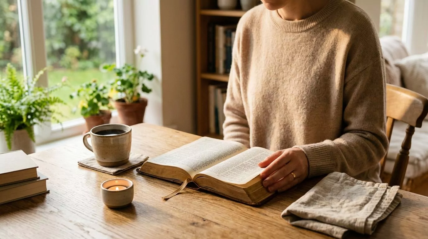Person reading Bible at peaceful morning table with coffee and sunlight