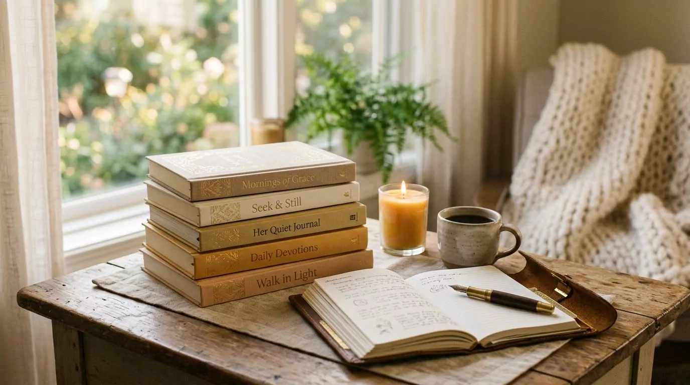 Stack of devotional books with journal and pen showing women's spiritual resources and study materials