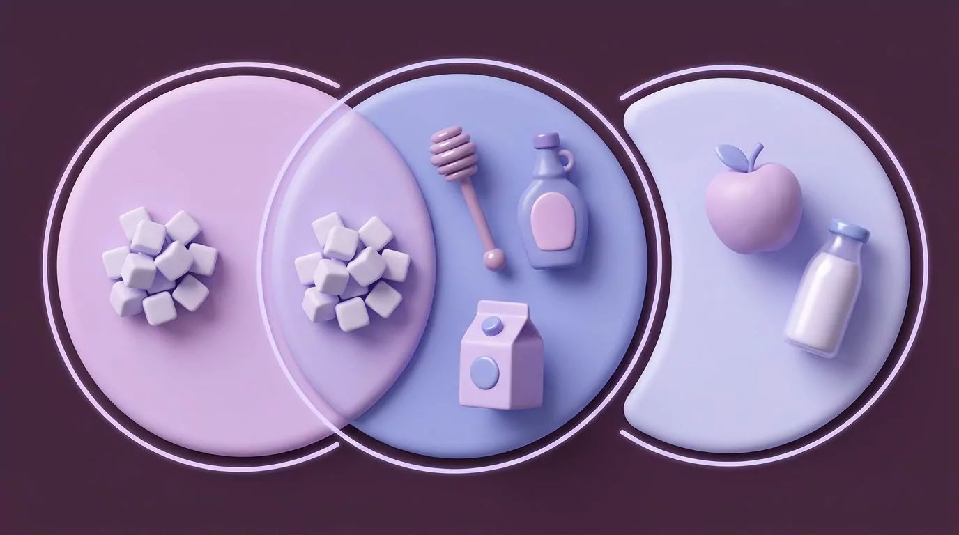 Diagram showing added sugars nested inside the wider free sugars set, with whole fruit and milk outside.