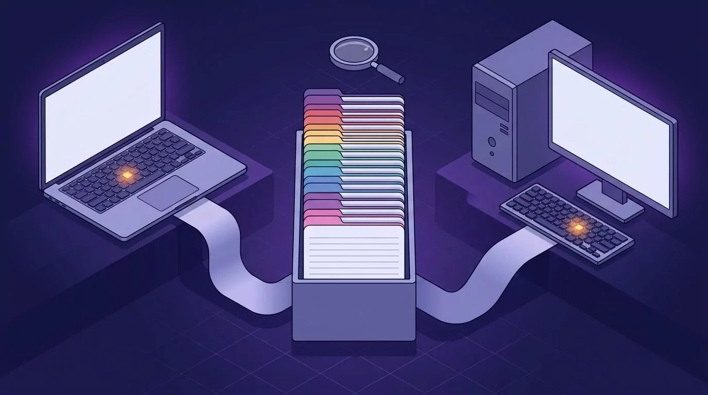 Mac and Windows machines feeding one shared library of dictated notes sorted by day and app