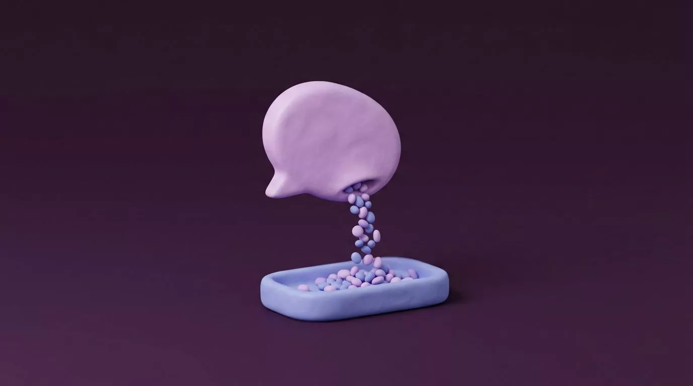 Clay speech bubble pouring small shapes into a tray, showing a spoken brain dump