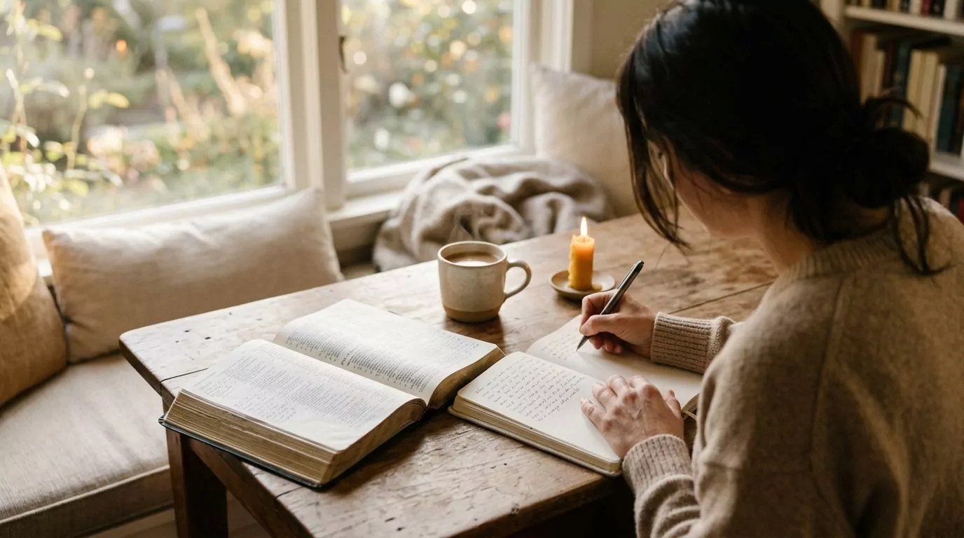 Woman journaling with Bible open showing personal devotional time and spiritual reflection practice