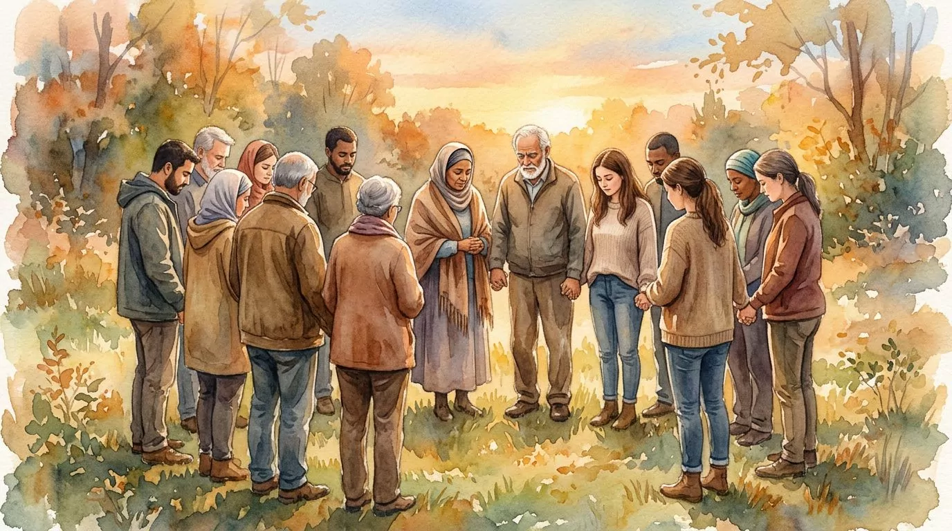 Group of friends praying together in a circle
