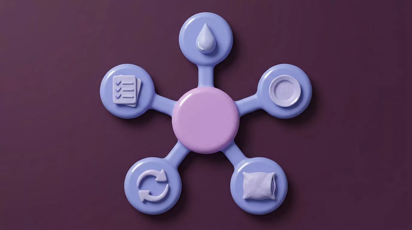 Hub and spoke diagram of how to deal with sugar withdrawal: water, meals, sleep, swaps, tracking
