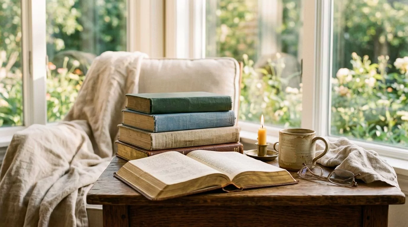 Stack of classic literature books with Bible showing cultural influence and literary connections