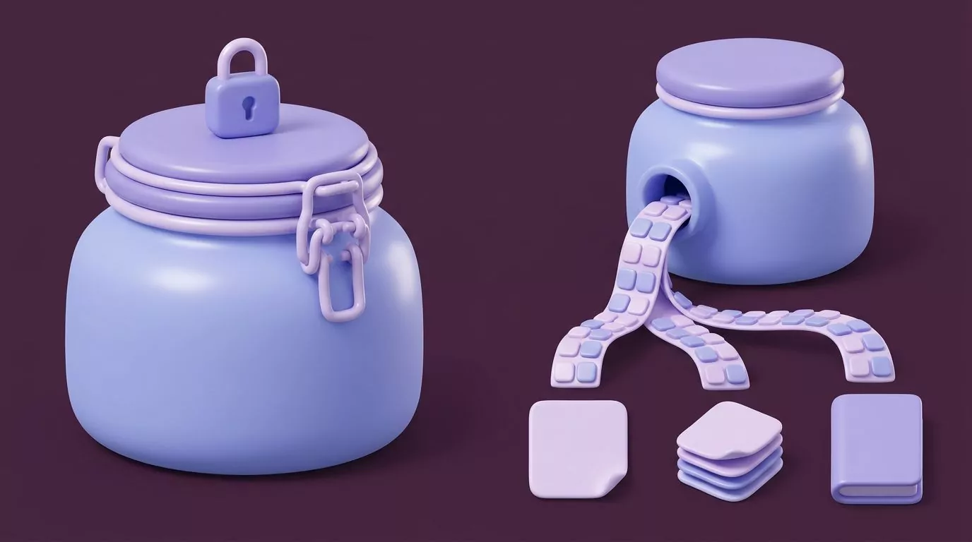 A sealed jar beside one pouring its contents out into plain text, a page stack and a finished book