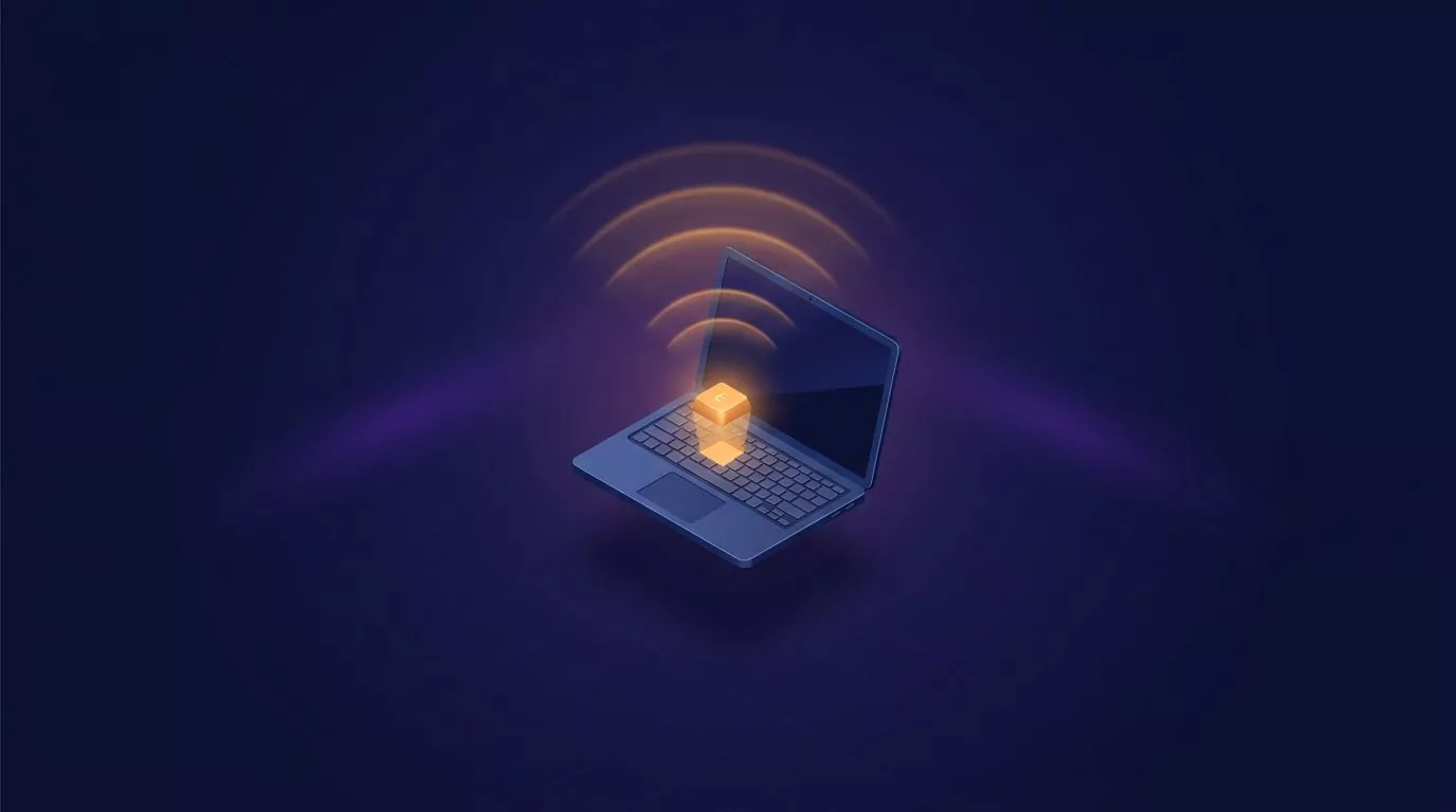Isometric laptop with one glowing key, the hold to talk idea behind the best dictation software for Mac