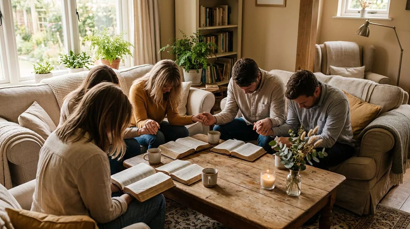 Small group of friends praying together in a cozy living room with open Bibles
