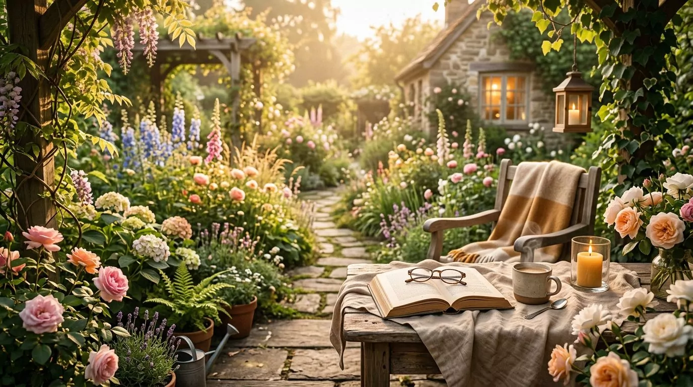 Beautiful garden with blooming flowers and morning sunlight