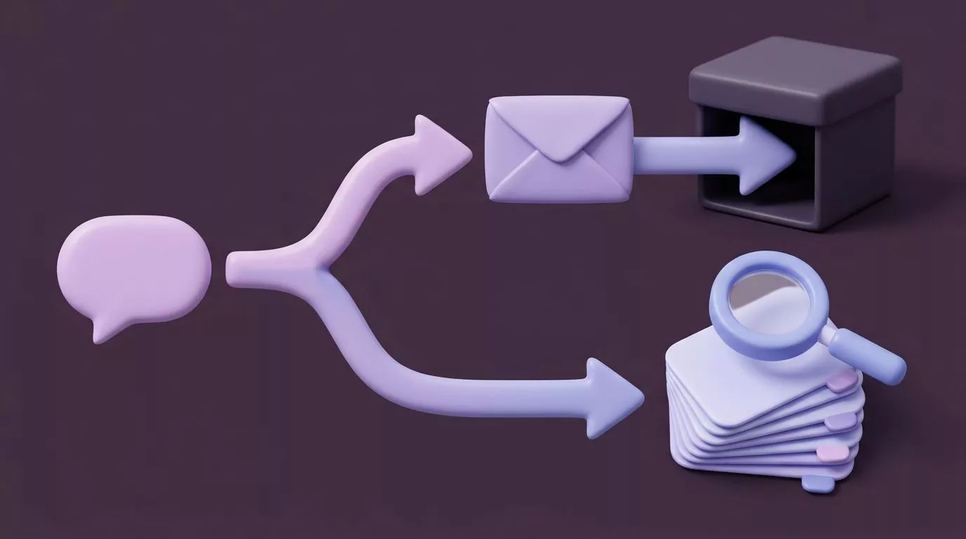 Branching diagram: a dictated reply ends in a closed sent archive on one path and a searchable note stack on the other