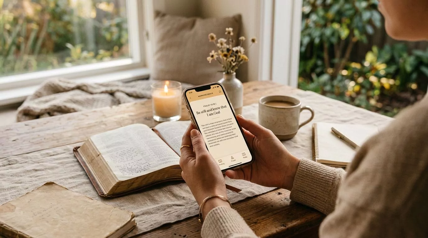 Woman's hands holding smartphone with devotional app representing modern spiritual practice and Bible study technology