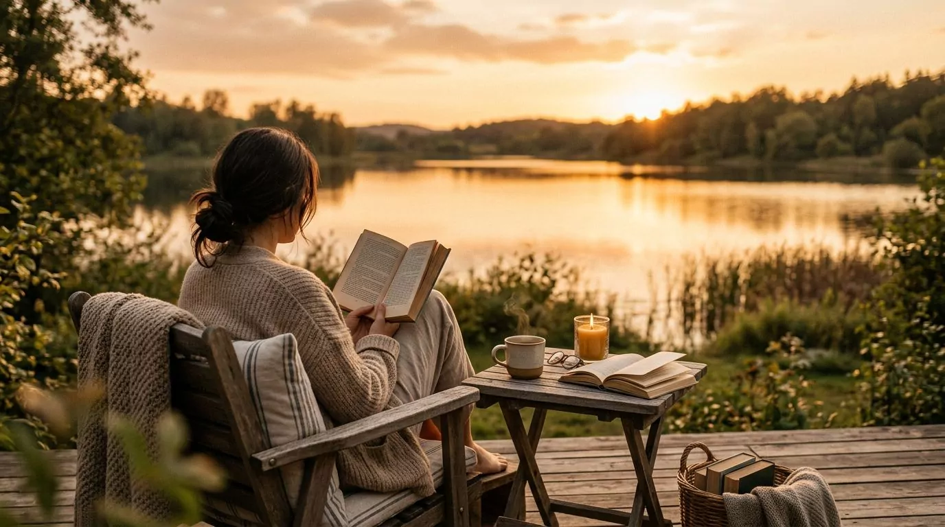 Person reading peacefully by a lake at sunset