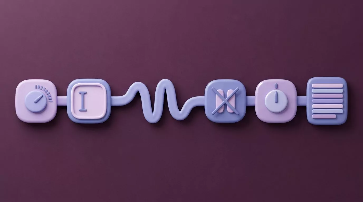 Five step rail: timer, cursor, unbroken speech wave, no stopping, timer ends, finished text block