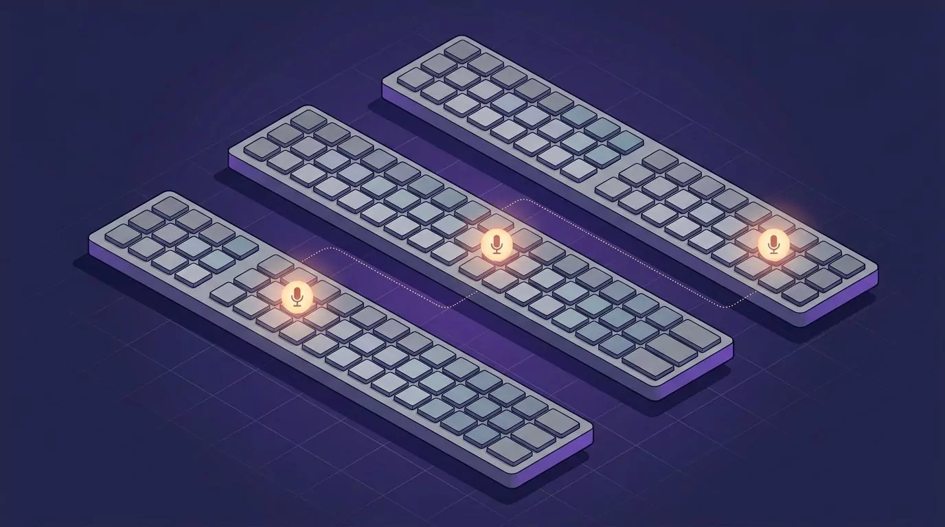 Three Word ribbons stacked showing where the Dictate microphone sits on Windows, Mac and the web