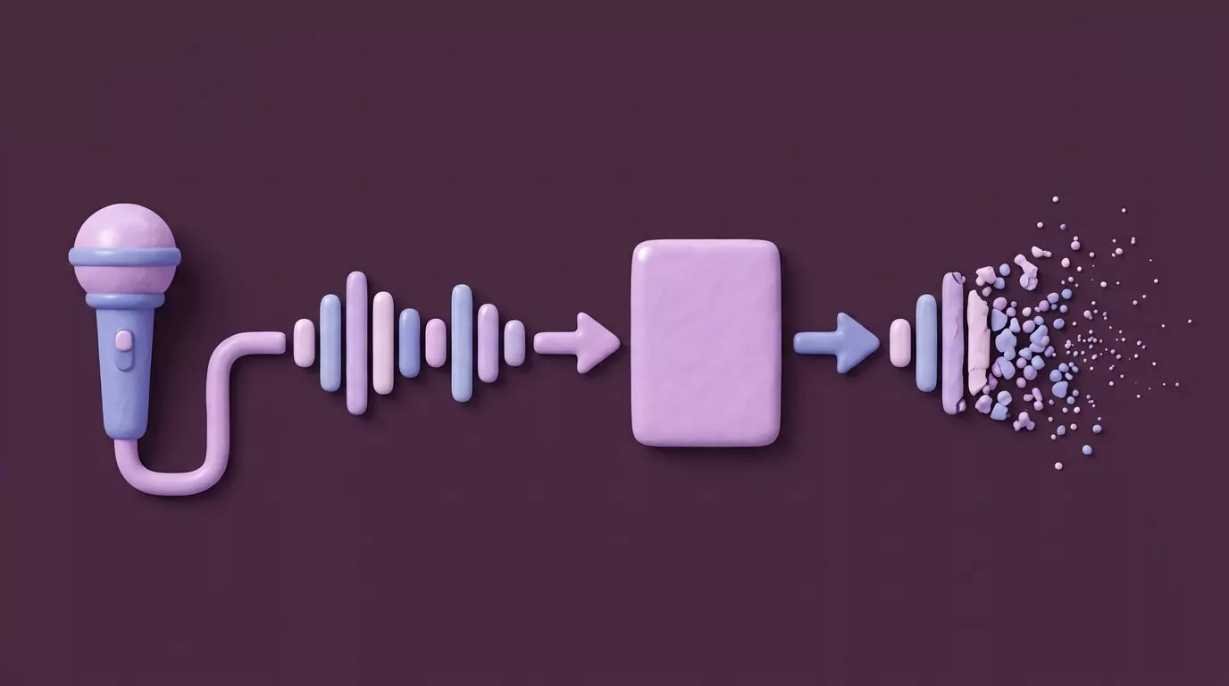 Pipeline showing speech becoming a text note while the audio crumbles away with no recording kept