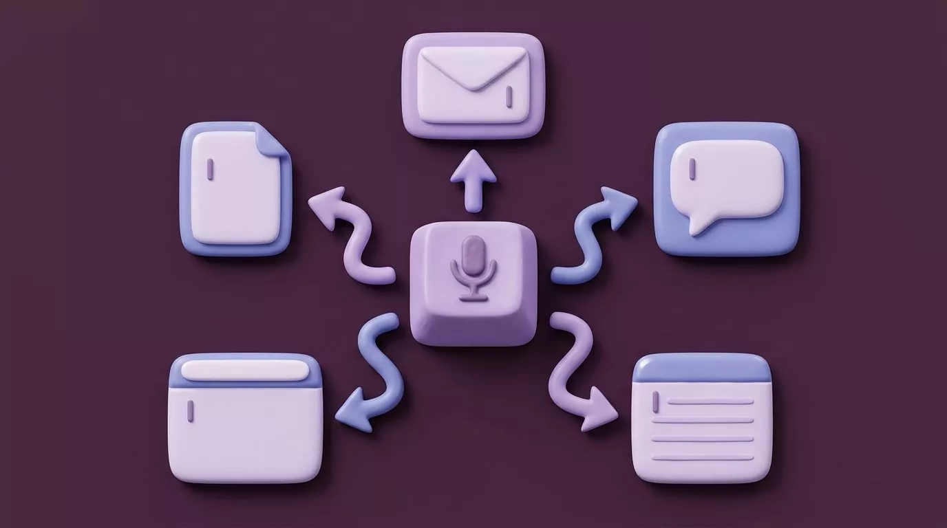 One shortcut key at the centre with arrows out to five app windows, showing dictation on Mac in any text field