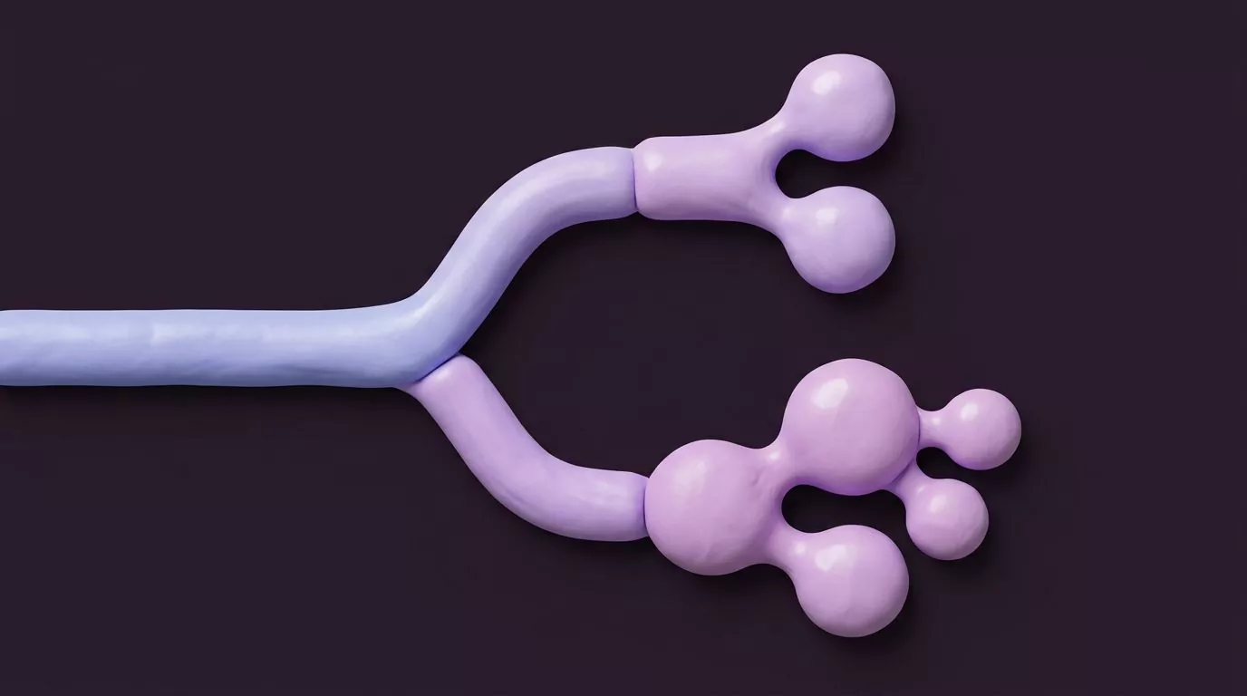One clay path forking into a small two node branch for typing faster and a larger four node branch for typing less